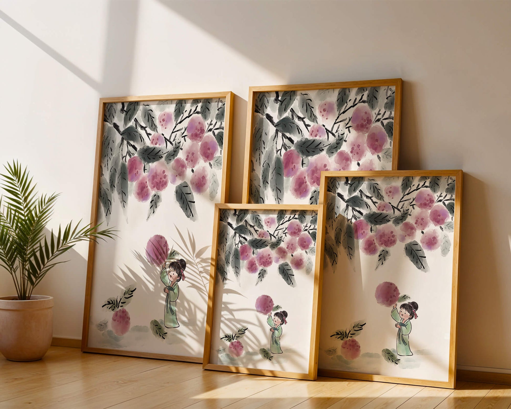 Ilustración encantadora de un niño con ropa tradicional, bayas vibrantes y hojas exuberantes