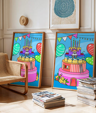 Colorful birthday cake with teddy bear and festive decorations