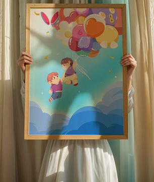Ilustración caprichosa de niños en el cielo con globos de colores