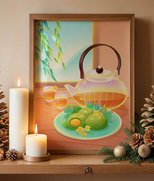 Tea set with green treats and bamboo leaves in serene setting