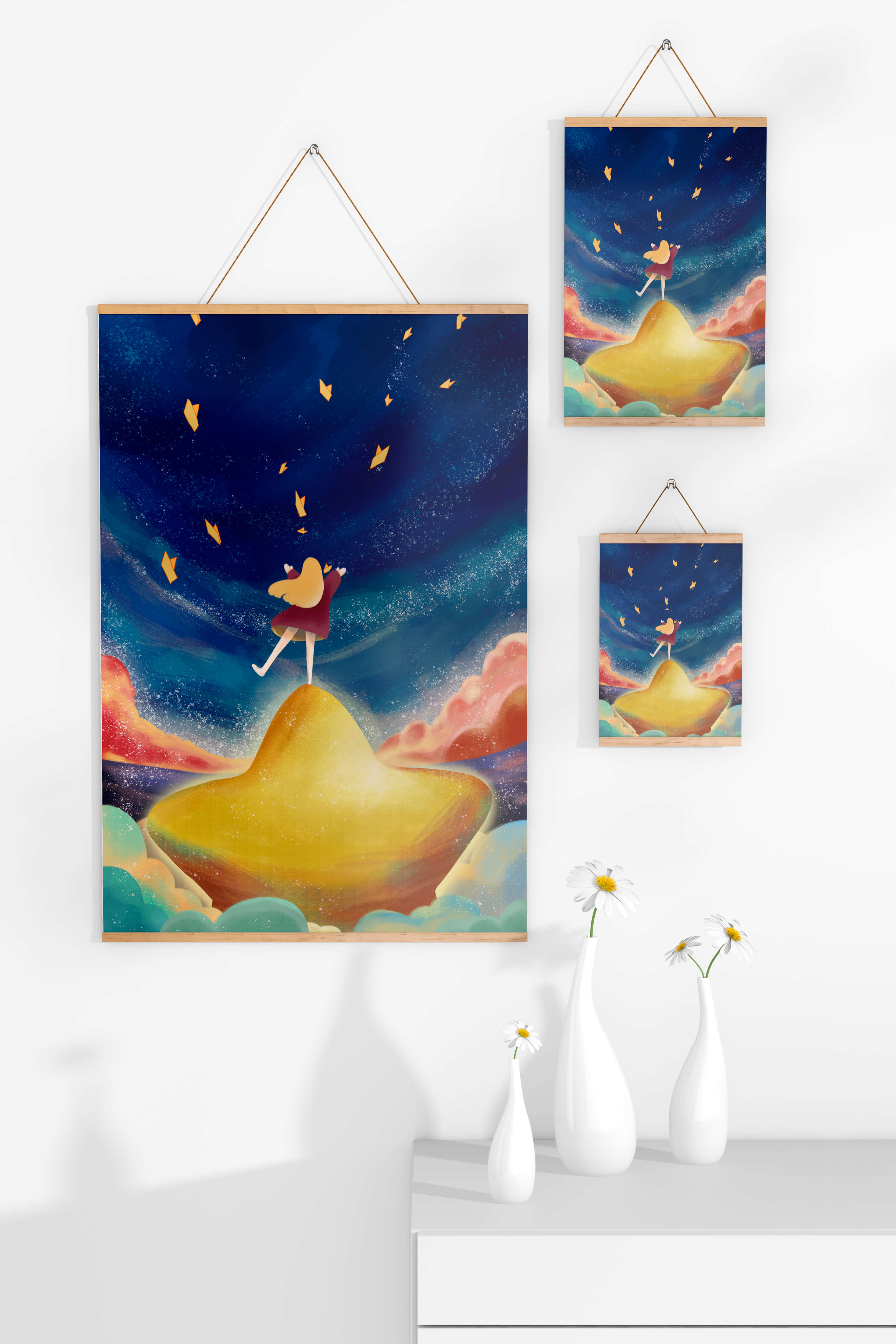 Girl standing on a golden hill reaching for stars in a dreamy night sky