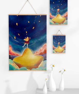 Girl standing on a golden hill reaching for stars in a dreamy night sky