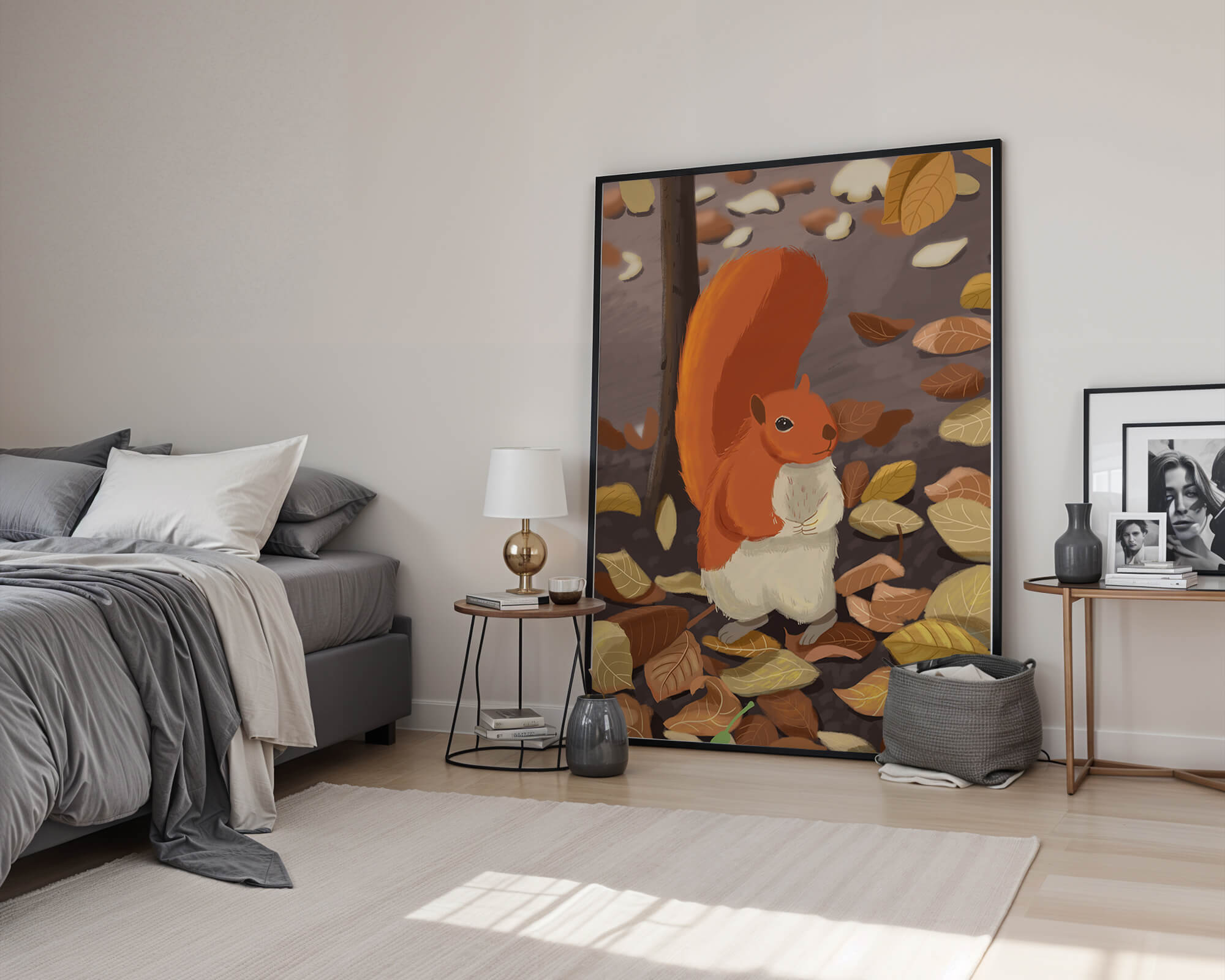 Illustration of a cute squirrel among autumn leaves