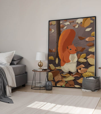 Illustration of a cute squirrel among autumn leaves