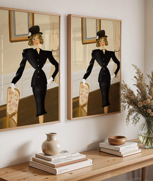 Elegant Woman in Vintage Fashion with Black Suit and Hat