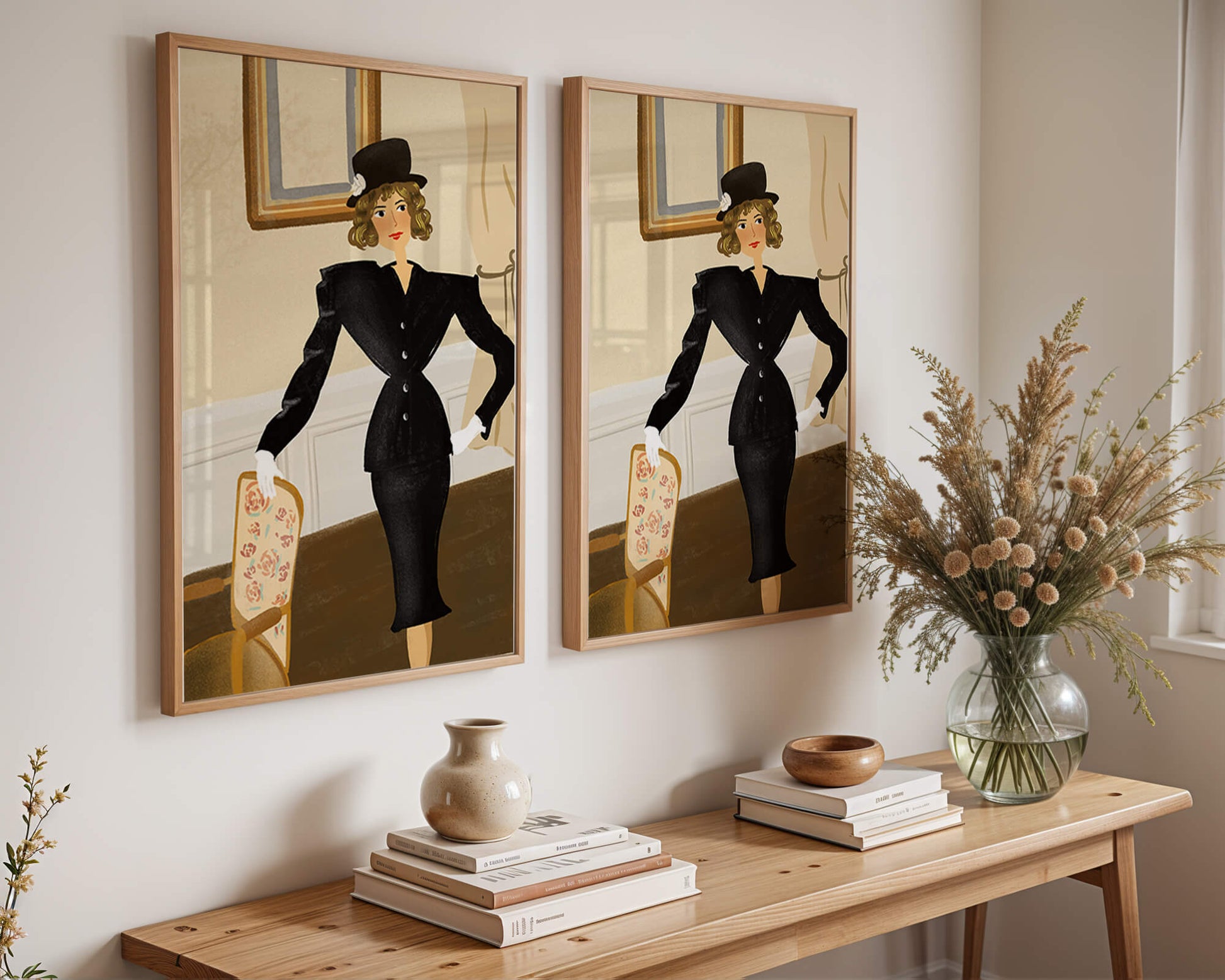 Mujer elegante en moda vintage con traje negro y sombrero