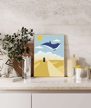 Surreal Landscape with Flying Blue Whale and Human on Desert Path