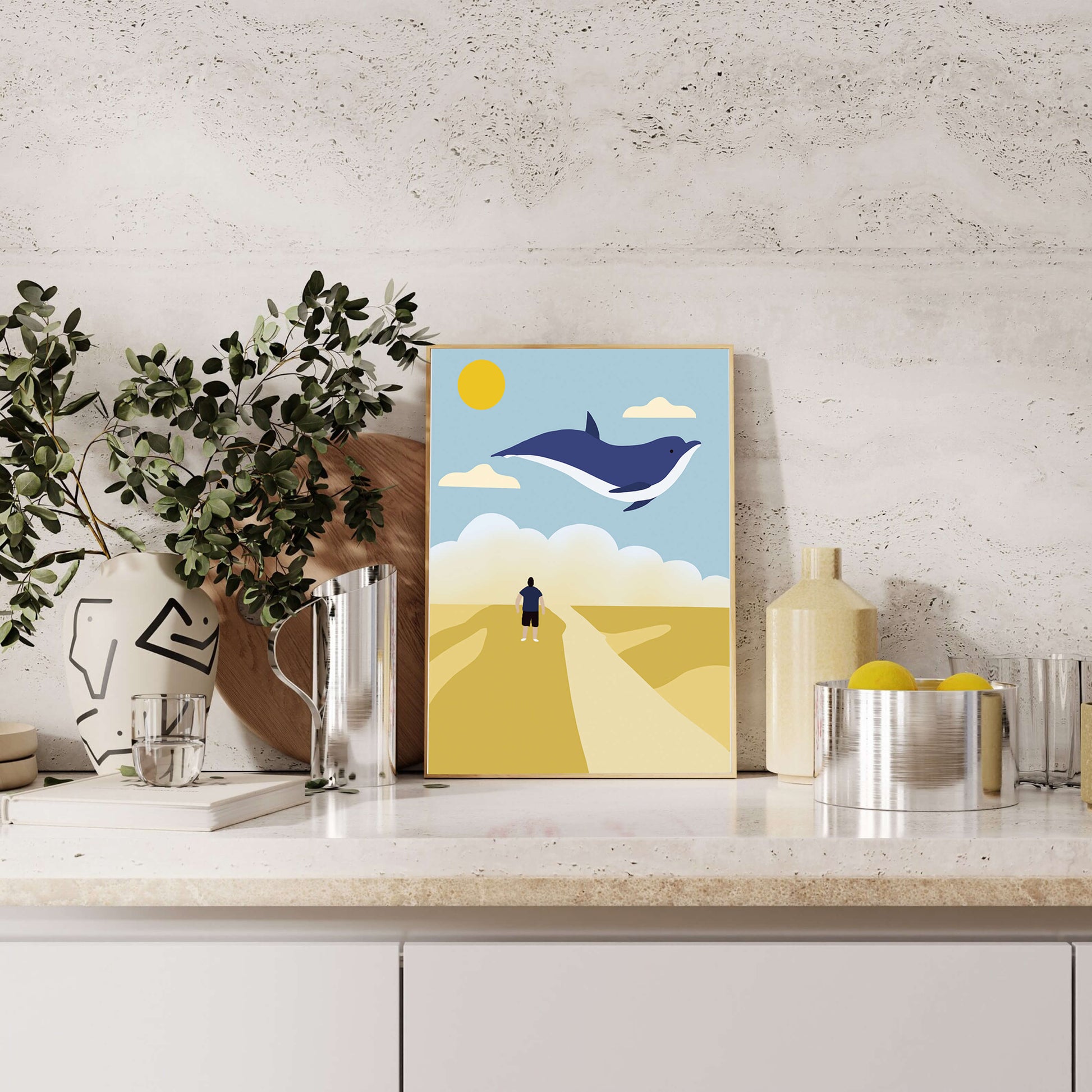 Paisaje surrealista con ballena azul voladora y humano en camino desértico