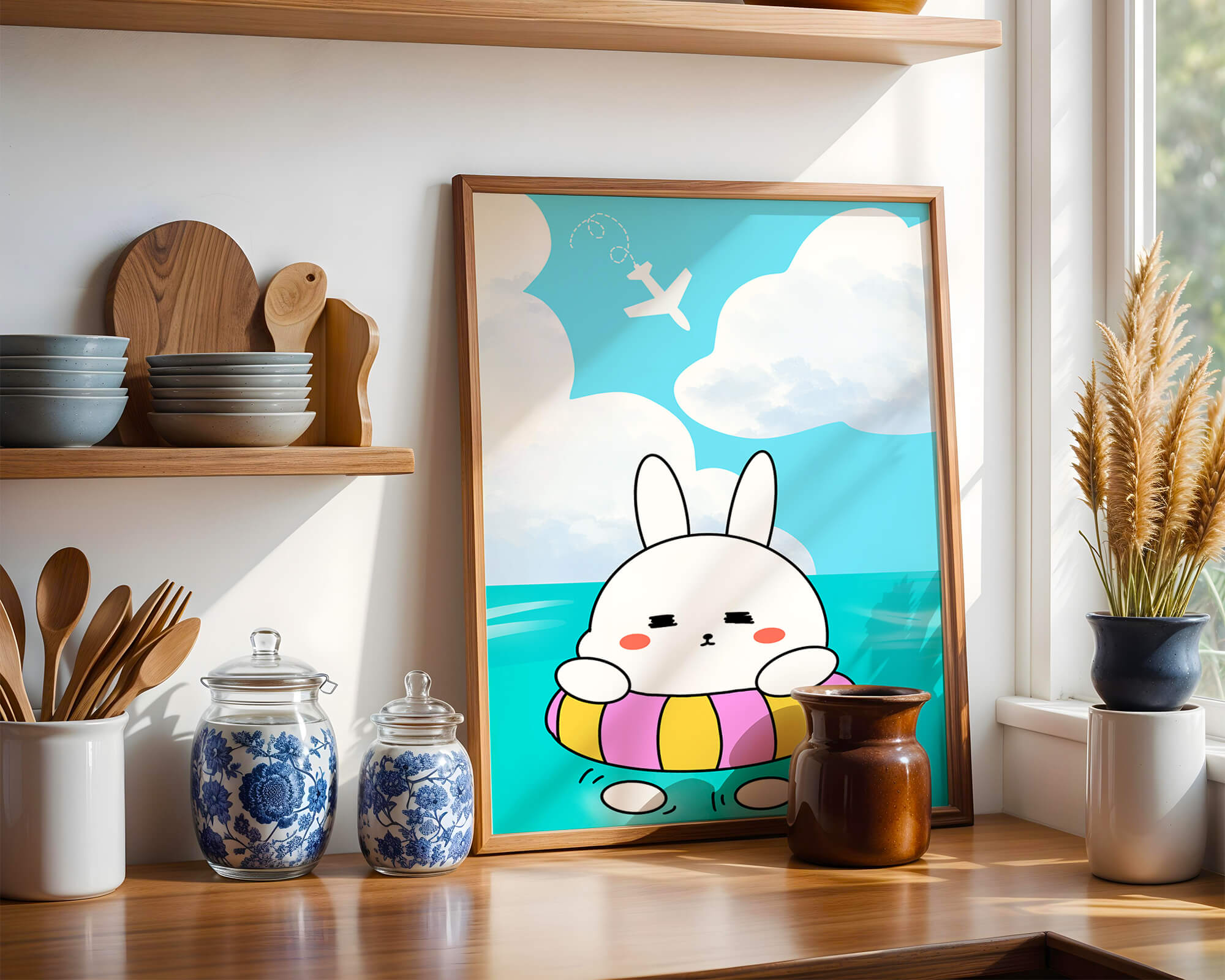Illustration of a cute bunny floating on a colorful inflatable in a blue ocean under a bright sky with an airplane