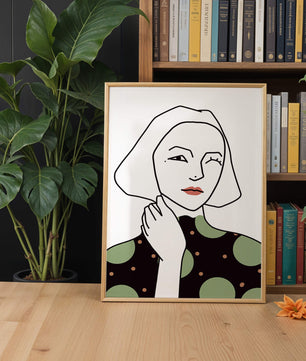 Modern Minimalist Portrait of a Winking Woman in Green Polka Dot Dress - Mi tienda