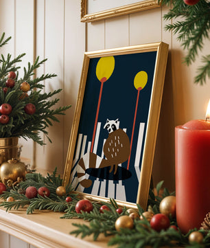Raccoon Illustration with Urban Street Lamps and Geometric Design