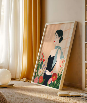 Elegant Woman with Floral Background and Scarf