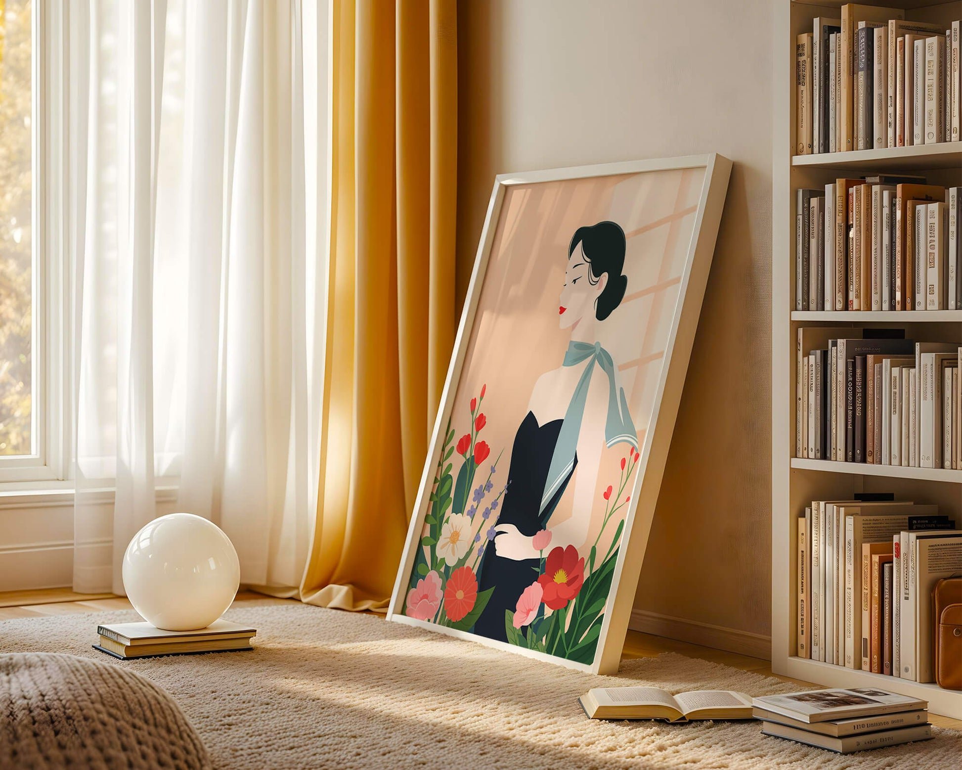 Mujer elegante con fondo floral y bufanda