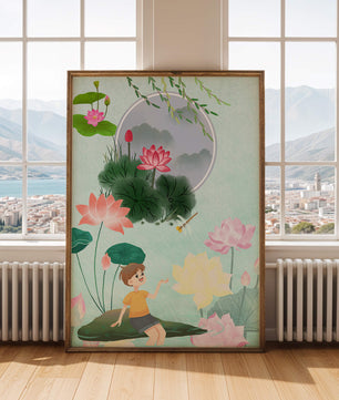 Serene illustration of a child in a lotus garden with vibrant flora