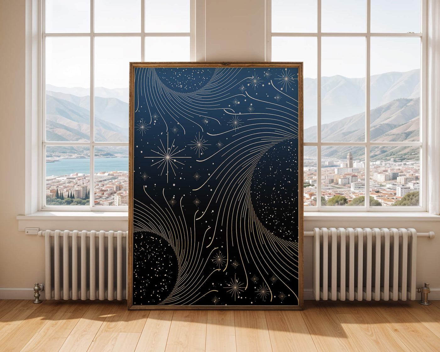 Elegant starry night with golden cosmic swirls