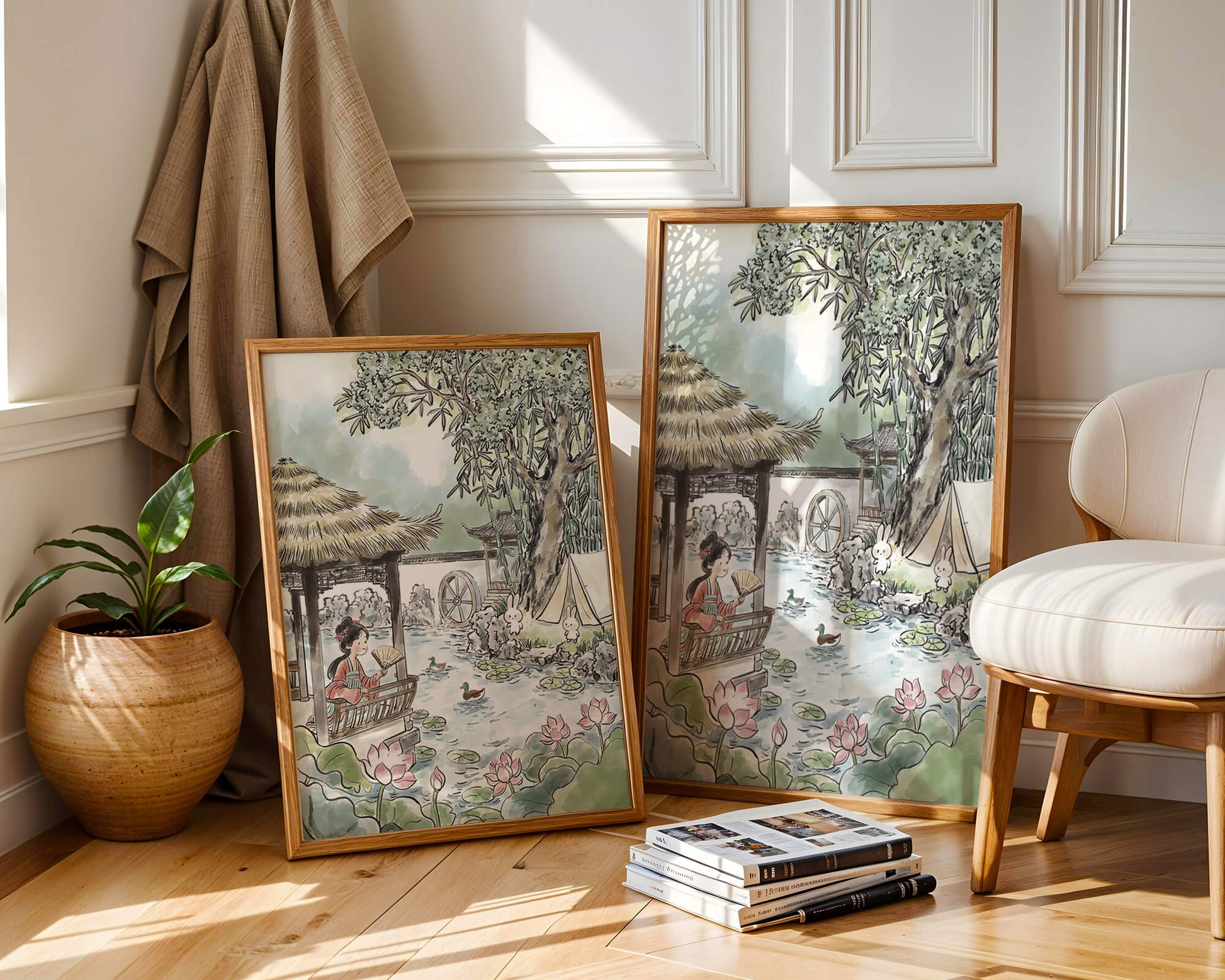 Escena tranquila de jardín con mujer, patos y conejos en un entorno tradicional