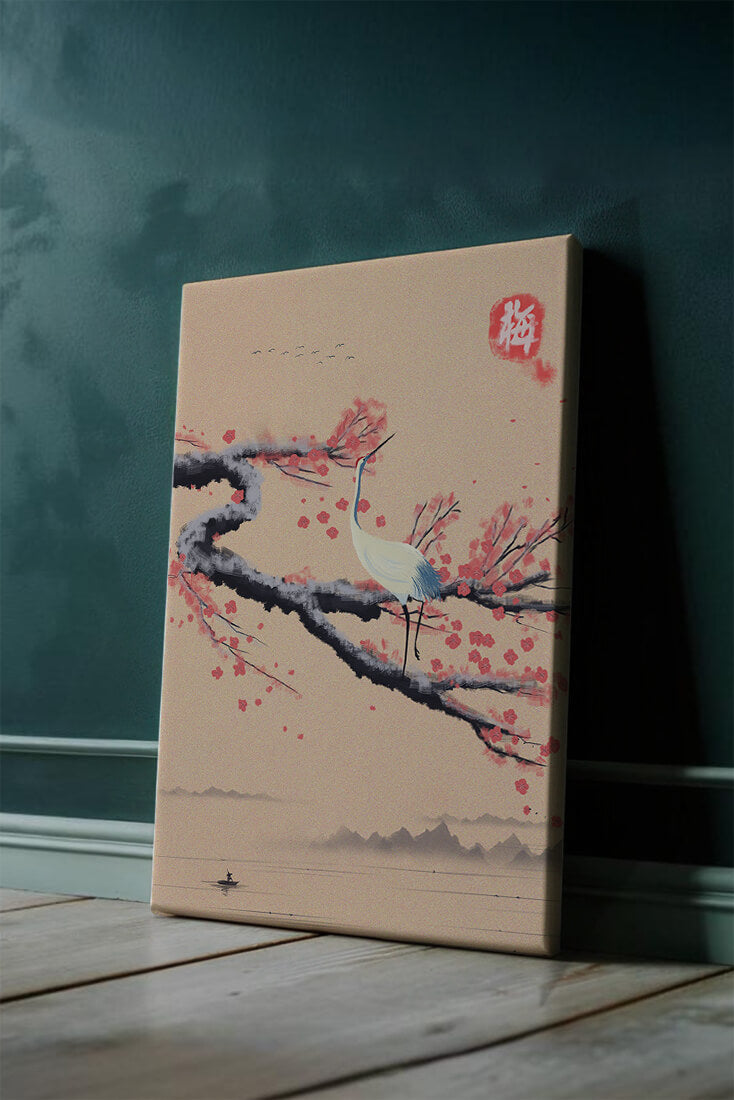 Elegant crane on cherry blossom branch with serene landscape