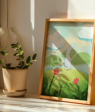 Paisaje caprichoso con conejo y flores coloridas