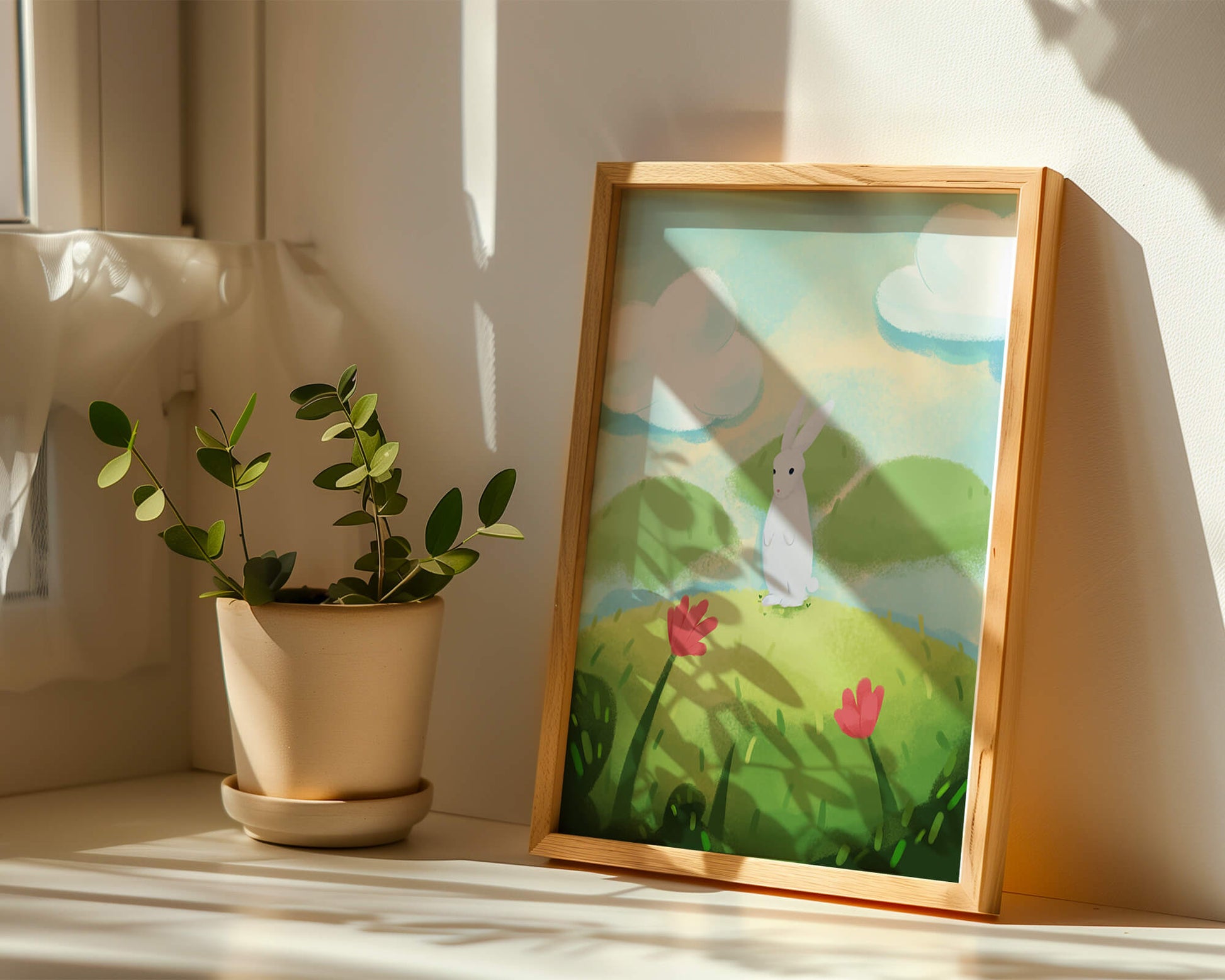 Whimsical landscape with rabbit and colorful flowers