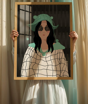 Illustration of a woman in a colorful hat and sunglasses
