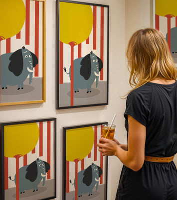 Illustration of a playful elephant with a yellow balloon in abstract setting