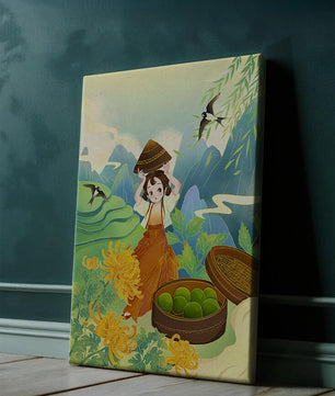 Young girl with basket in vibrant mountain landscape with birds and flowers