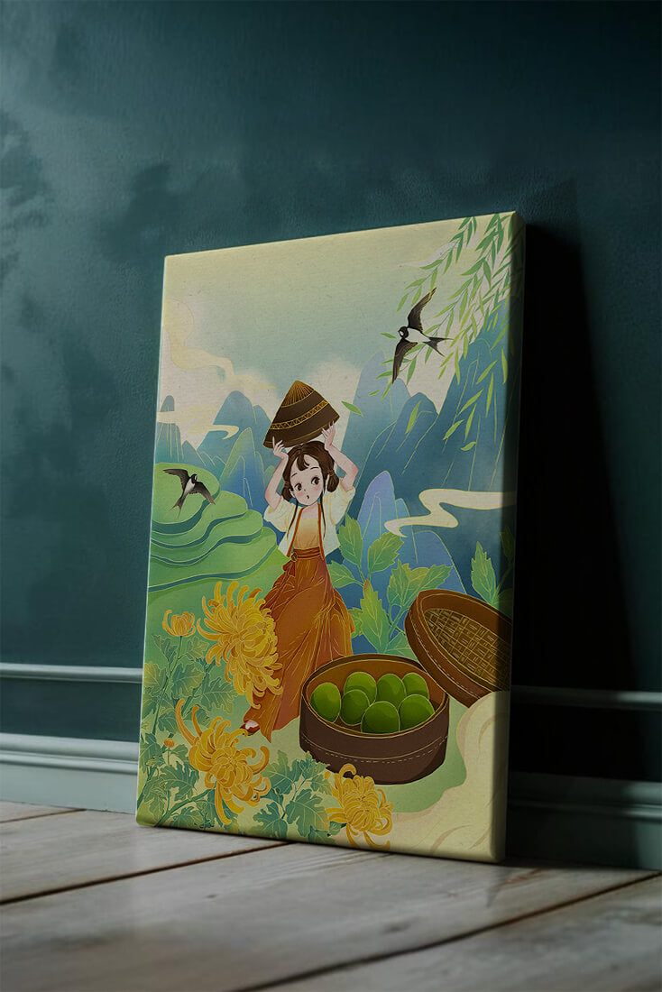 Young girl with basket in vibrant mountain landscape with birds and flowers