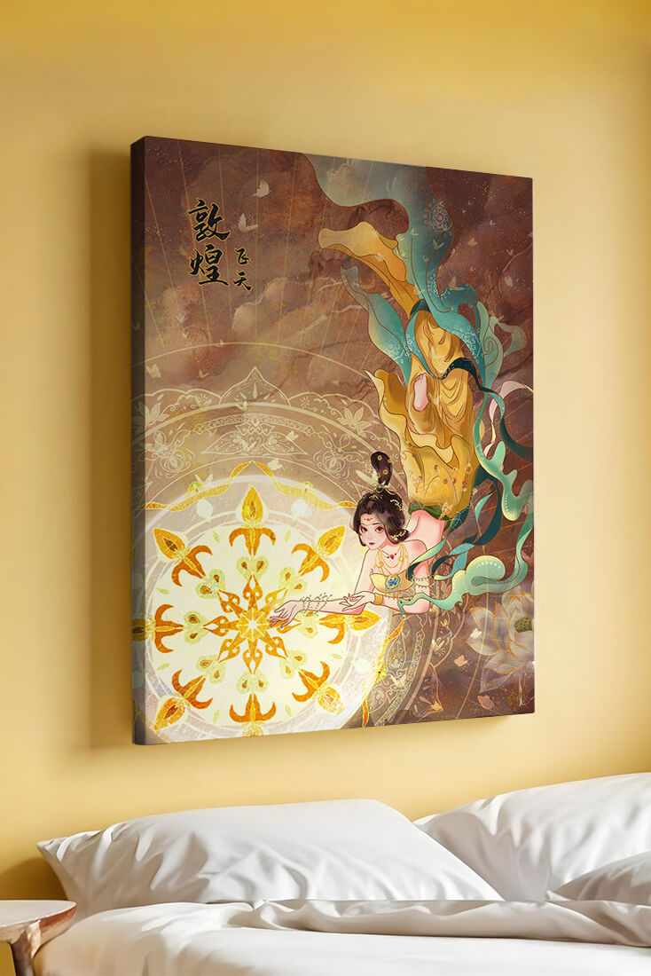 Figura celestial elegante con aura dorada y motivos florales