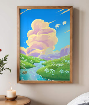 Serene landscape with rolling hills, stream, and vibrant sky