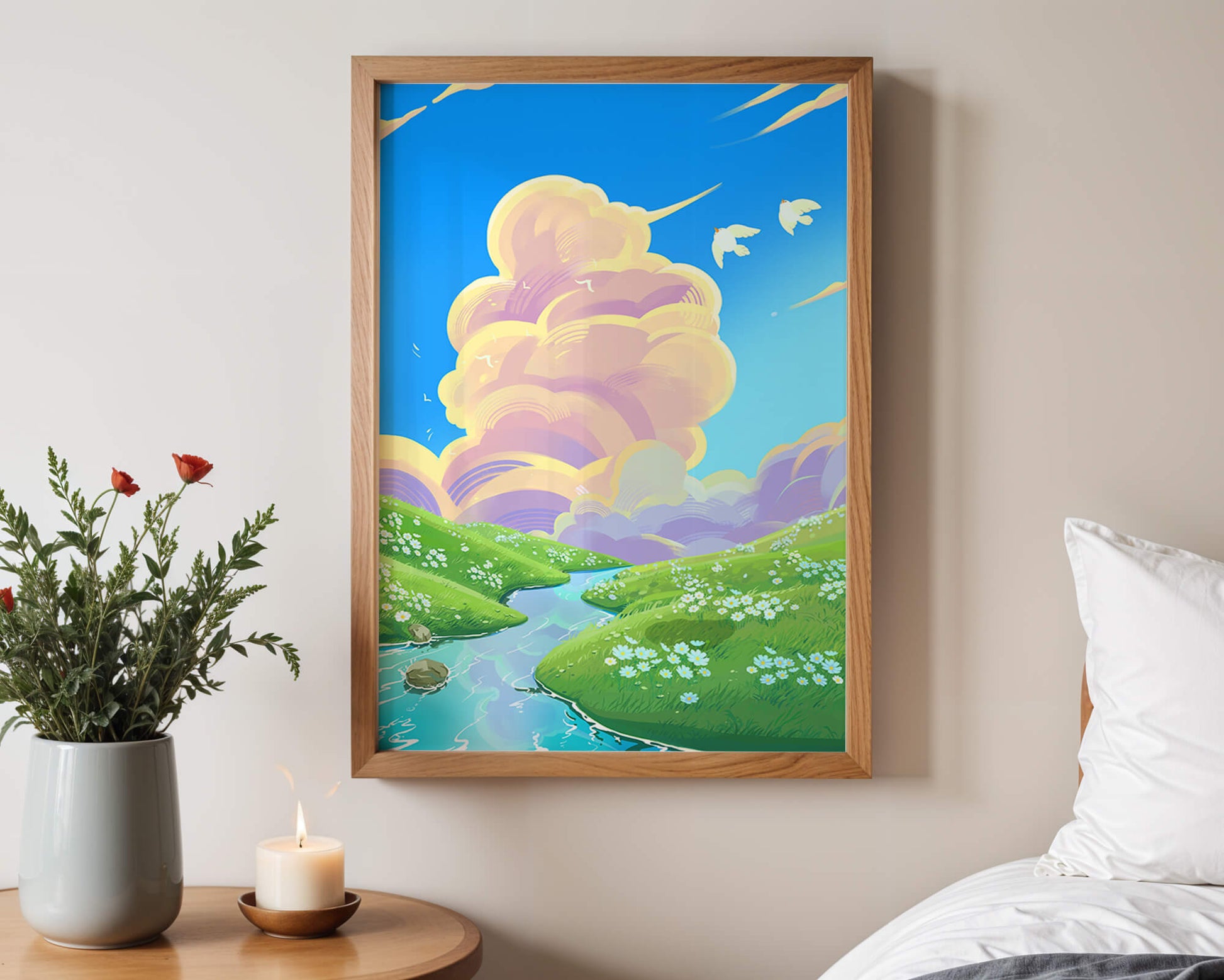 Serene landscape with rolling hills, stream, and vibrant sky