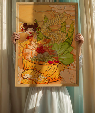 Ilustración colorida de un niño disfrutando de un tazón de fideos con verduras