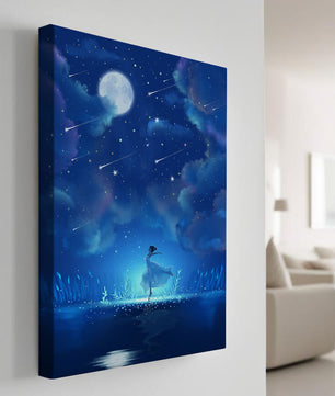 Cielo nocturno soñador con figura danzante y luz de luna brillante
