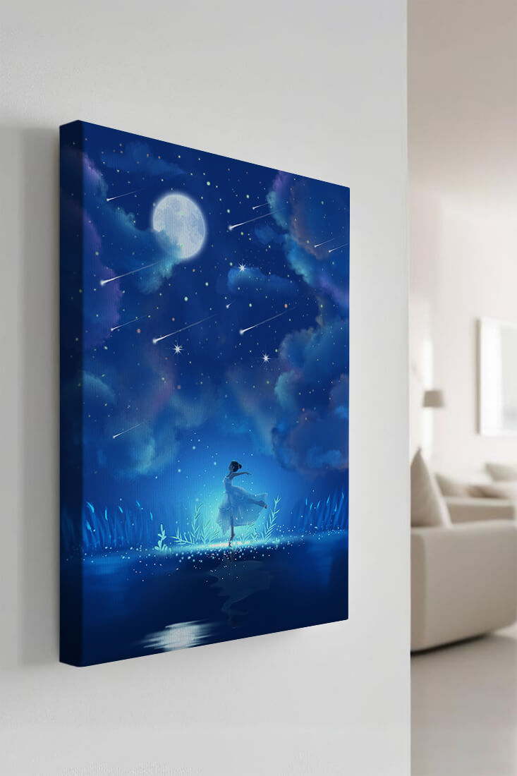 Cielo nocturno soñador con figura danzante y luz de luna brillante