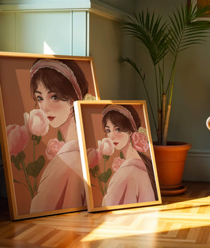 Mujer joven con flores en el pelo y sosteniendo un ramo