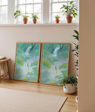 Serene pond scene with lotus leaves and waterfall