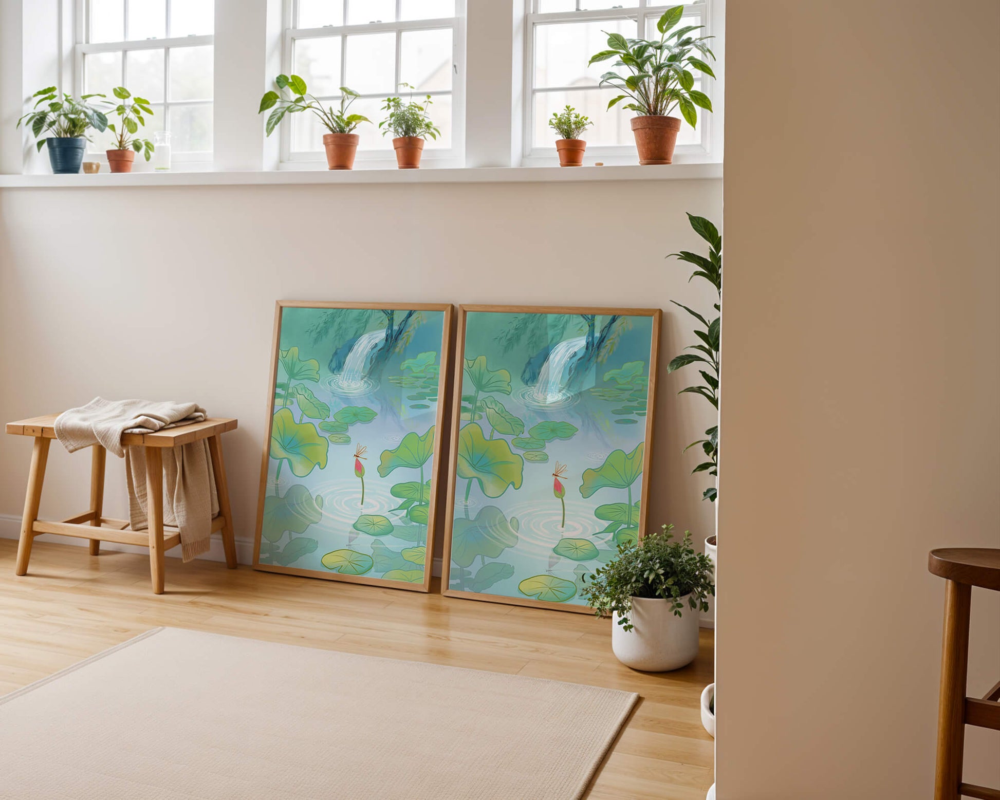Serene pond scene with lotus leaves and waterfall