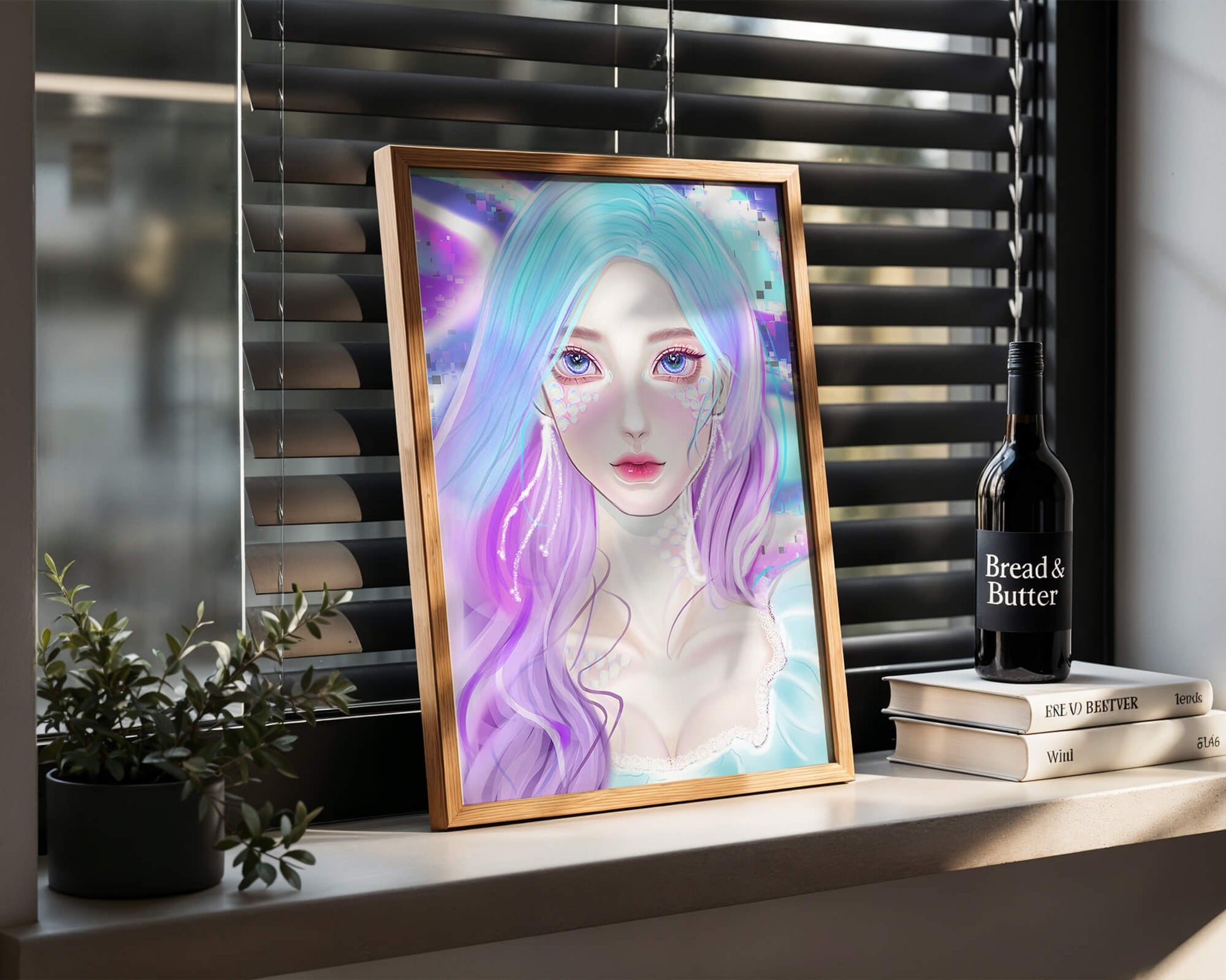Fantasy portrait of a woman with pastel hair and vibrant features