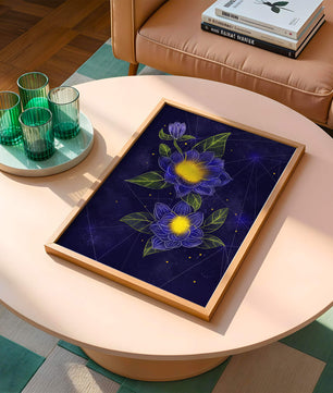 Floral Art with Blue and Yellow Lotus Design on Starry Background