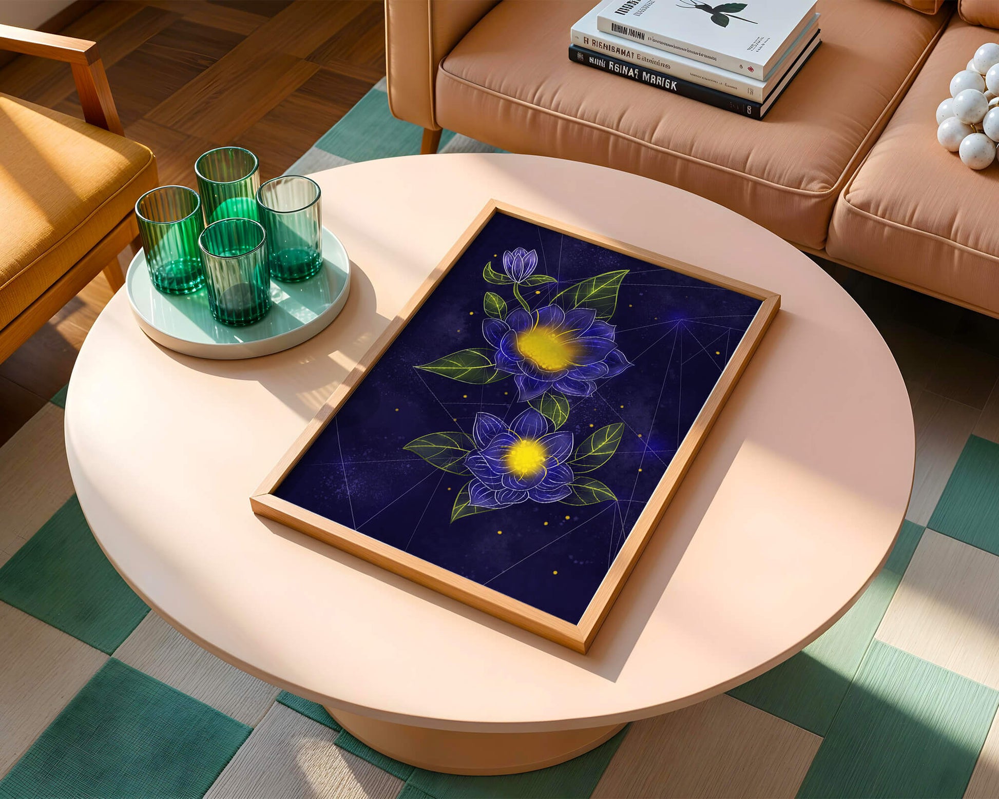 Floral Art with Blue and Yellow Lotus Design on Starry Background