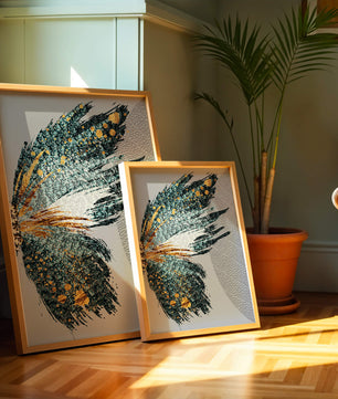 Ala de mariposa abstracta con detalles turquesa y dorados