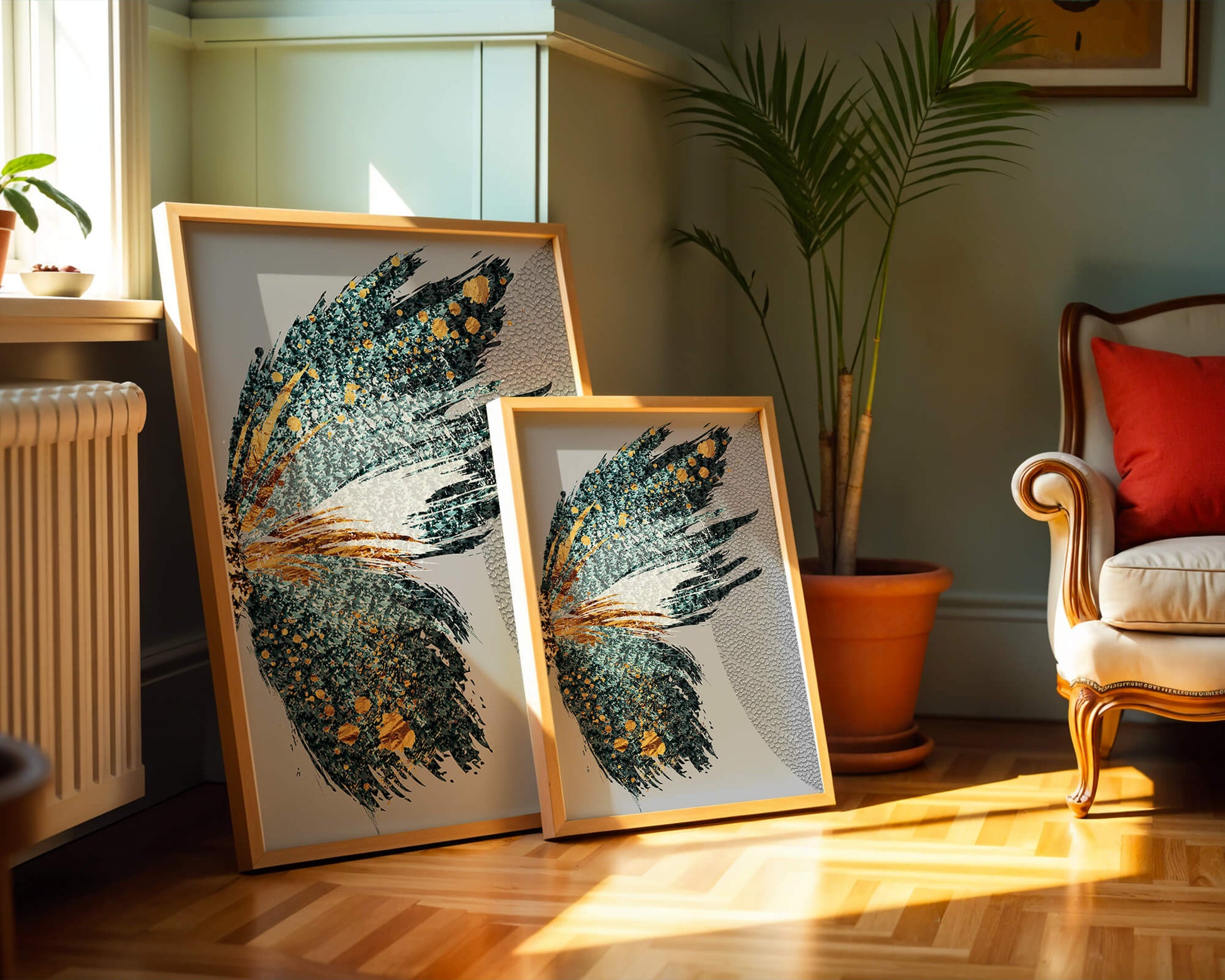 Ala de mariposa abstracta con detalles turquesa y dorados