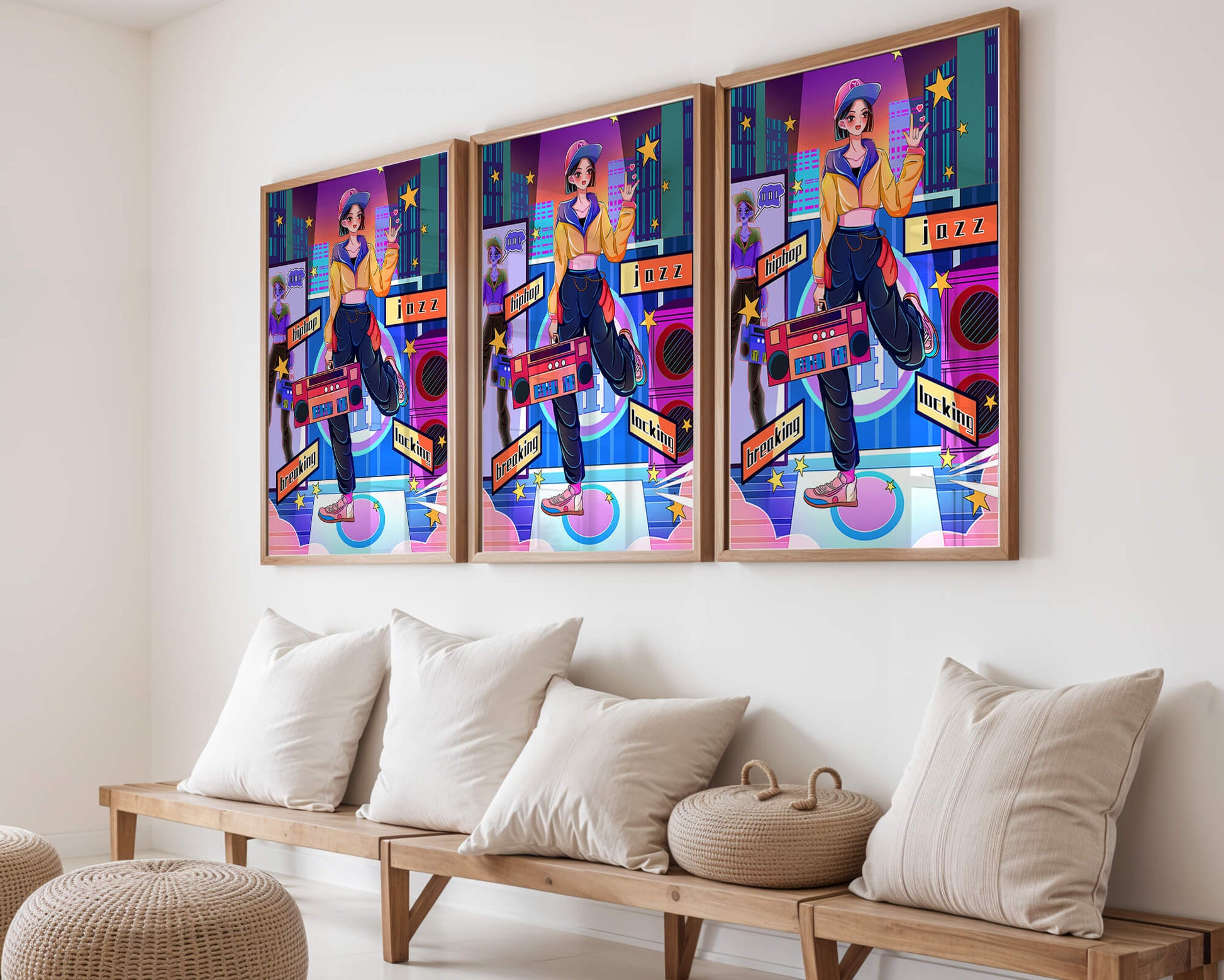 Colorful urban dance scene with hip hop and jazz elements