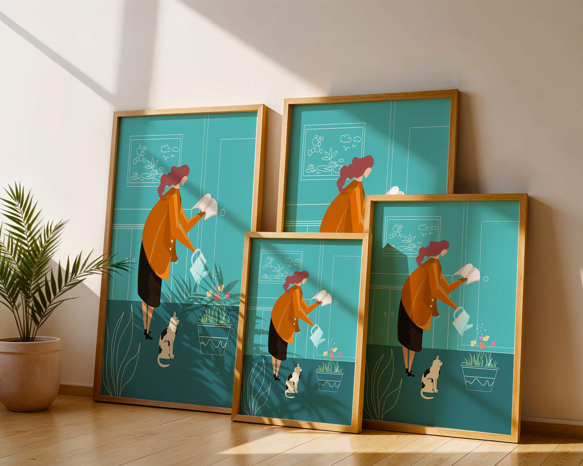 Mujer regando flores con un gato en un interior moderno