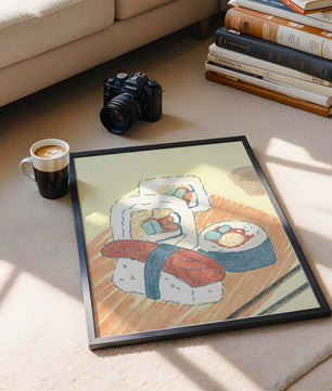 Illustration of assorted sushi on a wooden board