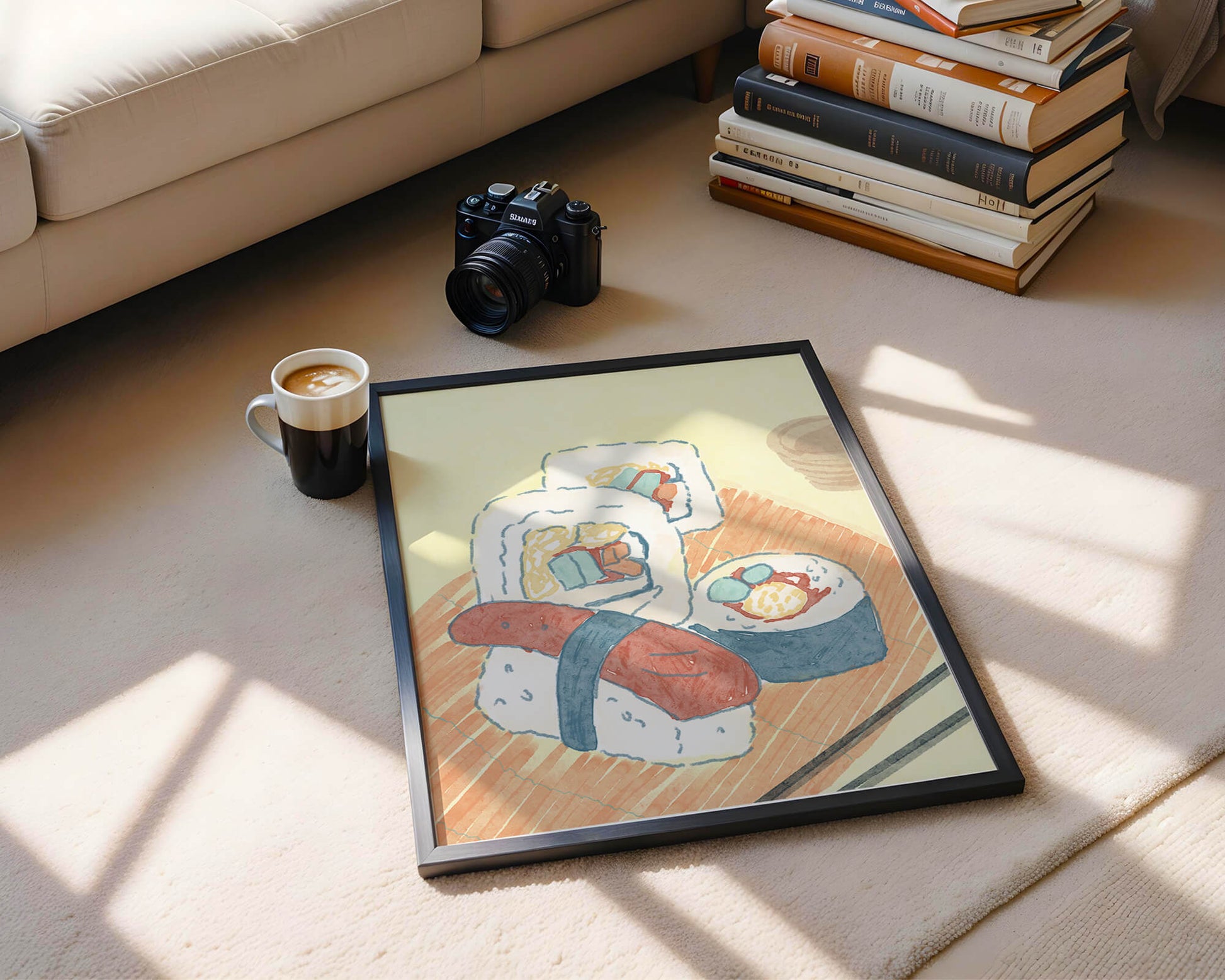 Illustration of assorted sushi on a wooden board