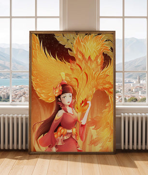 Elegante Darstellung einer Frau mit einem feurigen Phönix