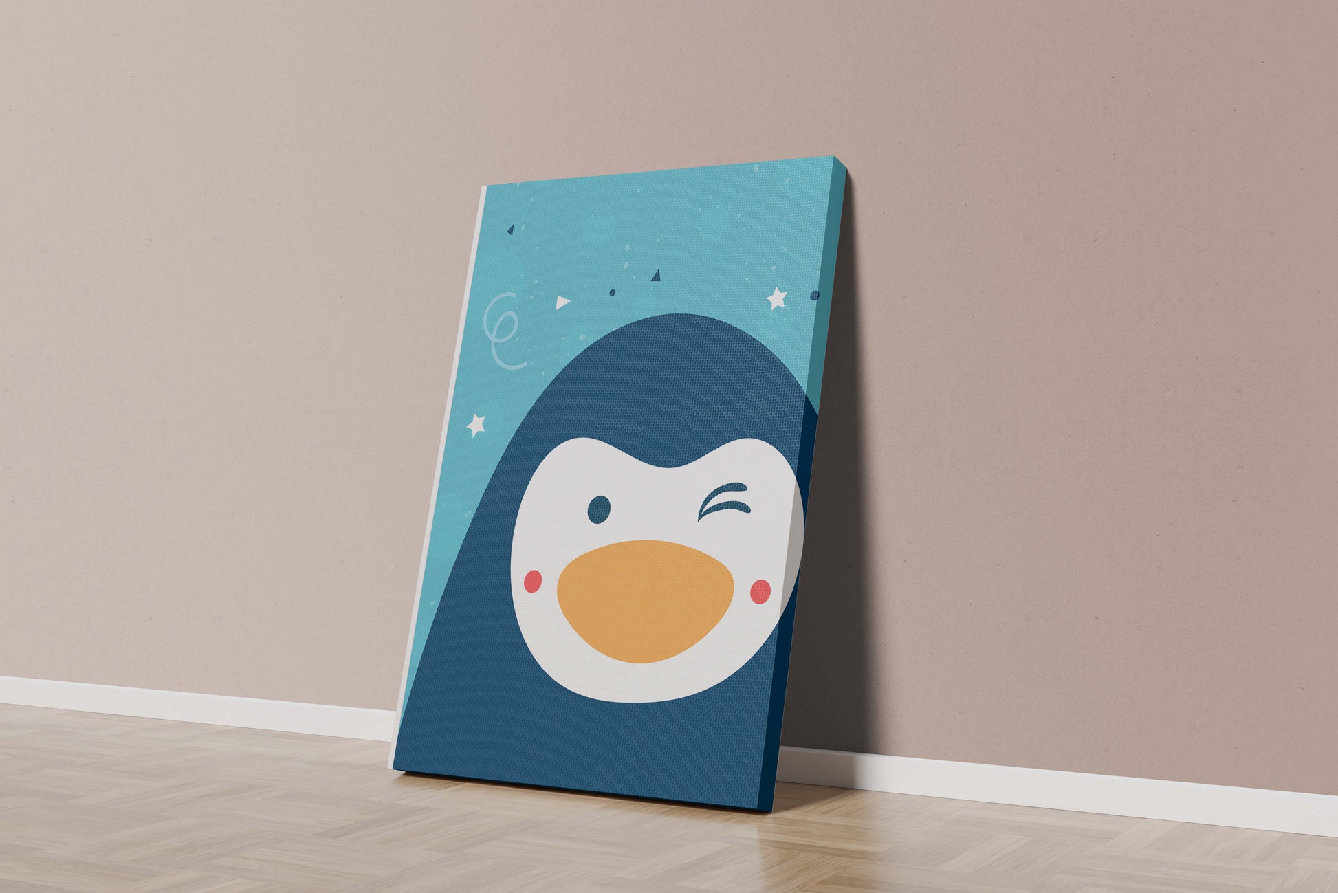 Pingüino de dibujos animados juguetón sobre un fondo azul caprichoso