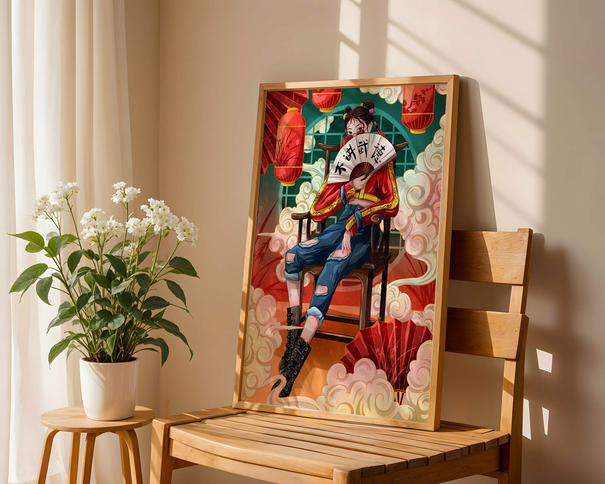 Female character with fan in colorful oriental setting