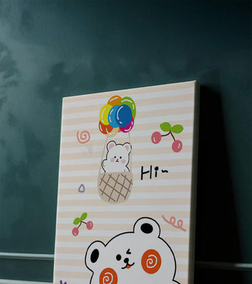 Adorable bears with colorful balloons and cherries on striped background