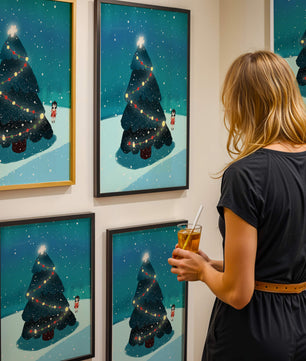 Winter scene with decorated Christmas tree and snowfall